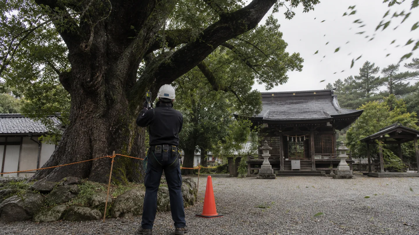 記事内容をもとに生成したイメージ：境内の危険木と台風 9月の上陸数1.0個と伐採費20万円