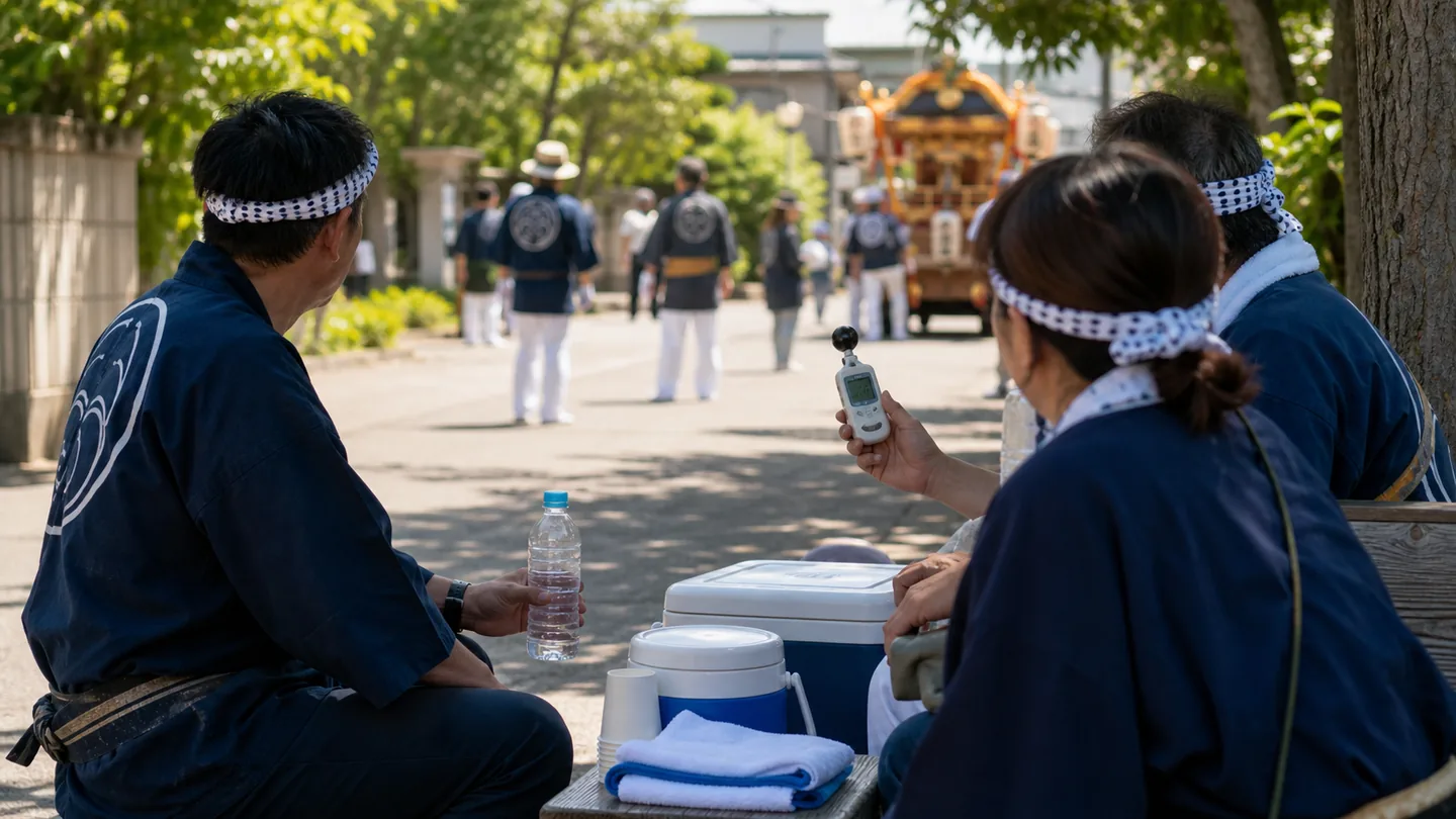 秋祭りの巡行脇の日陰で、水分を取りながら暑さ指数計を確認する当番の人たち