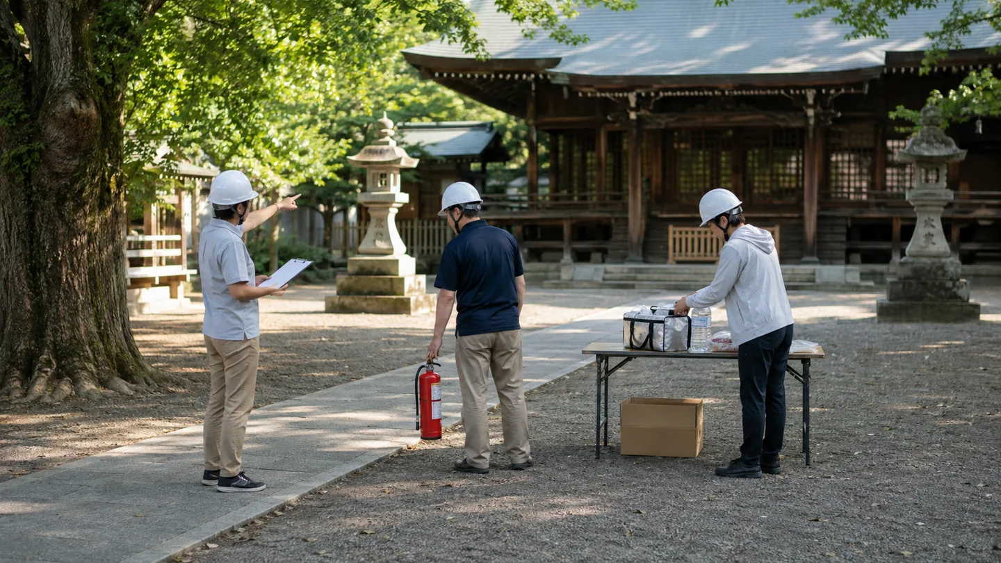架空の神社境内で、3人の地域住民が避難経路、消火器、防災用品を確認する少人数の防災訓練