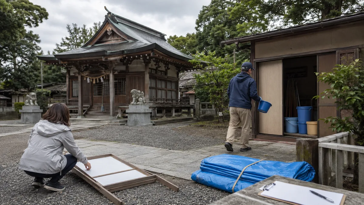 架空の小さな神社の境内で、顔の見えない2人の氏子当番が突風に備え、立看板を寝かせ、バケツを倉庫へ移し、シートの固定を確認している曇天の様子