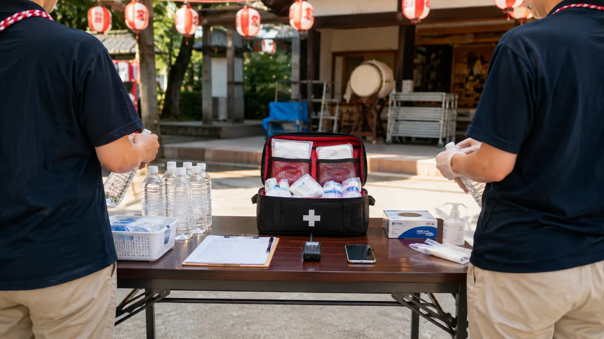 架空の地域神社の秋祭り前に、顔の見えない2人の氏子当番が、救急箱、水、手袋、無線機、携帯電話、記録用紙を1か所の救護机に集めて点検している様子