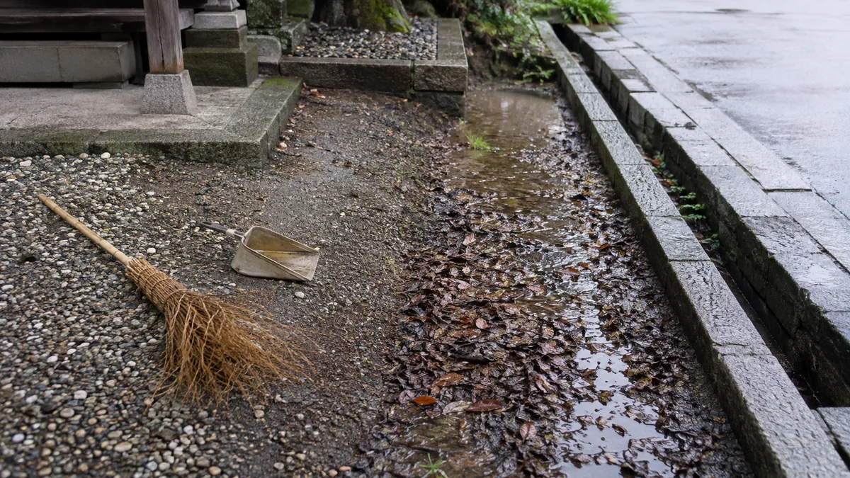 架空の小さな神社境内で、雨上がりの低地に落ち葉と浅い水が集まり、砂利地から道路脇の側溝へ続く排水経路のそばに竹ぼうきとちり取りを置いた点検場面
