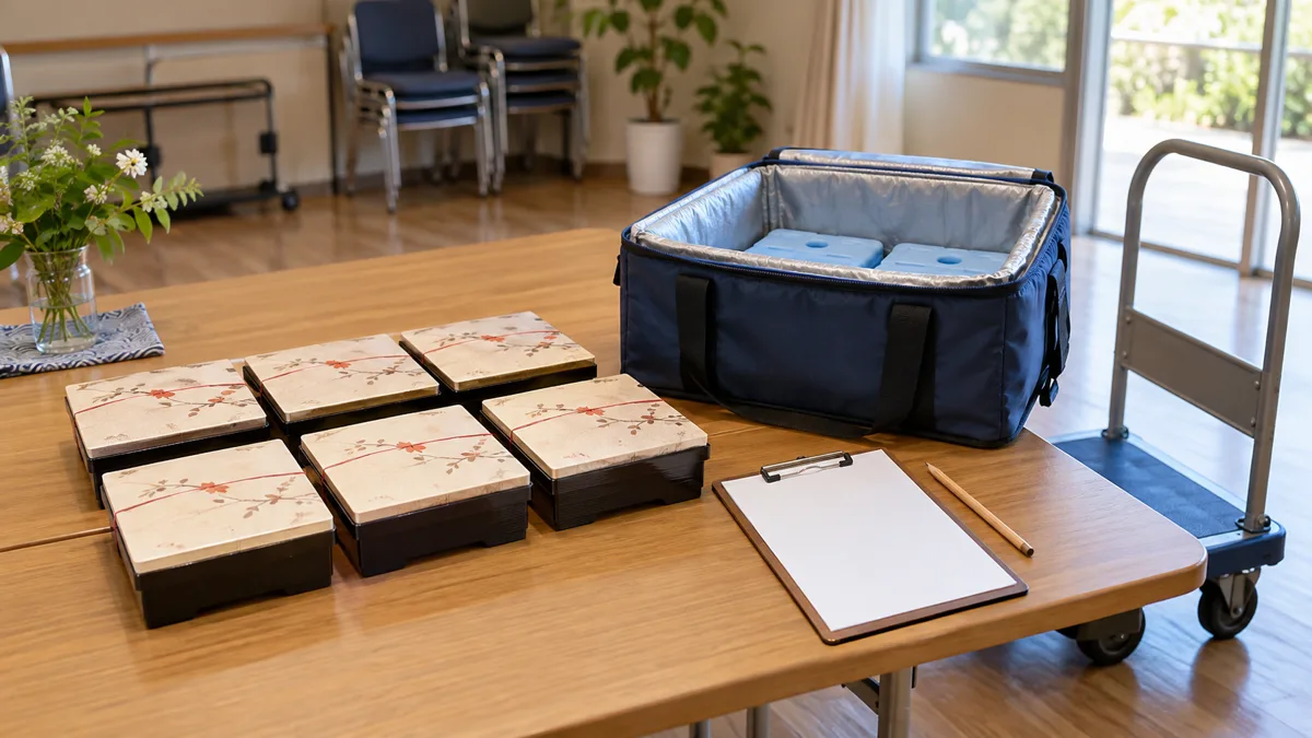 祭り当番の弁当6箱と、保冷剤を入れた保冷バッグ、食数を記録する用紙、運搬用の台車を並べた生成イメージ