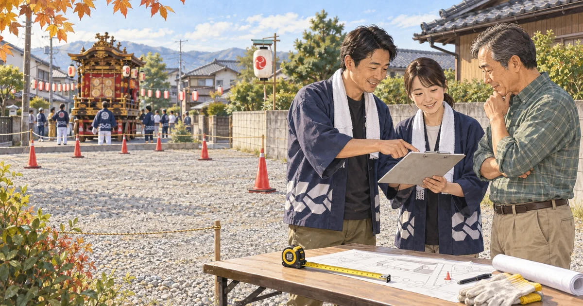 秋祭りで借りる空き地を前に、氏子二人と土地所有者が確認書と配置図を一緒に確かめる生成イメージ