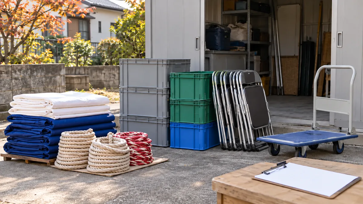 祭りの備品を返却先ごとに分け、倉庫前に箱、折り畳み椅子、縄と台車をそろえた撤収準備の生成イメージ