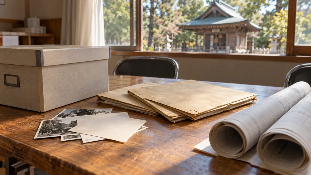 神社の改修前に修繕記録を集める準備を表す、資料箱、古い書類と写真、図面を机にまとめた生成イメージ
