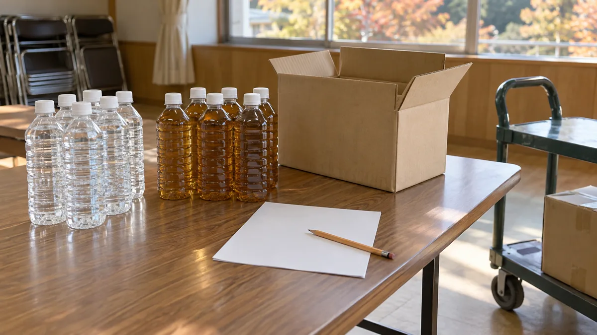 祭りの飲料を発注する前に残数を確認する場面を表した、無地の水と茶のボトル、段ボール箱、白紙の記録用紙と運搬台車の生成イメージ
