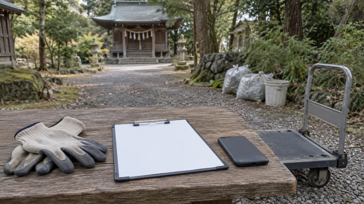 架空の神社の境内を背景に、手袋、白紙の確認票、電話、空の台車を並べ、不法投棄されたごみを運ぶ前の確認と分担を表した生成イメージ
