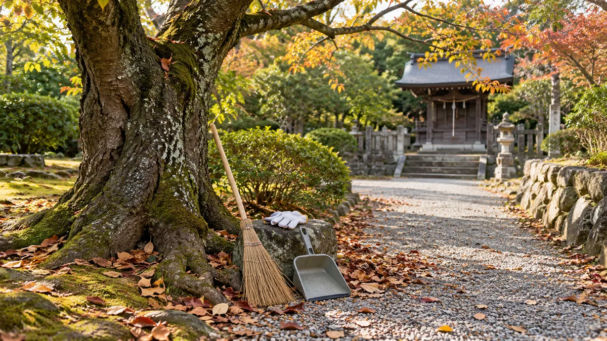 架空の神社境内で桜の幹と足元を確認する清掃前の場面。砂利道にほうき、ちり取り、手袋が置かれ、落ち葉が散っている