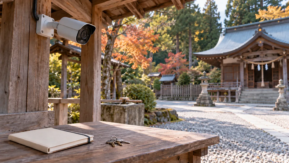 架空の神社の軒下に防犯カメラを置き、机上の鍵と無地のノートで設置後の点検と管理分担を表した生成イメージ