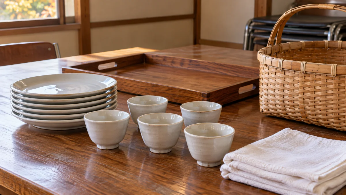 直会の準備と片づけに使う白い食器、木の盆、布、運搬かごを集会施設の机に置き、配膳する氏子の負担を表した生成イメージ