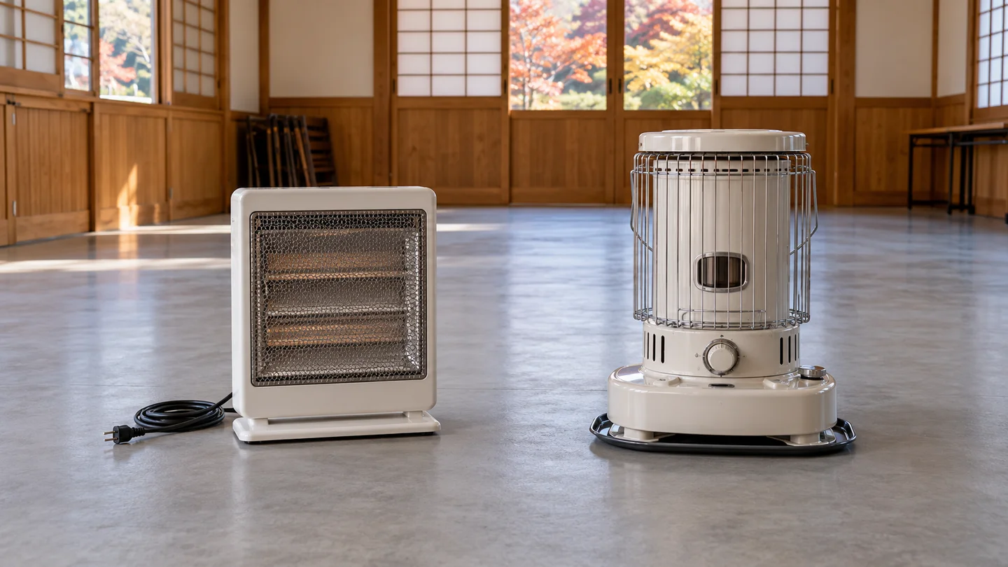 架空の集会室に、電源を抜いた電気ストーブと消火状態の石油ストーブを並べ、冬の当番が準備する機器を比較した生成イメージ