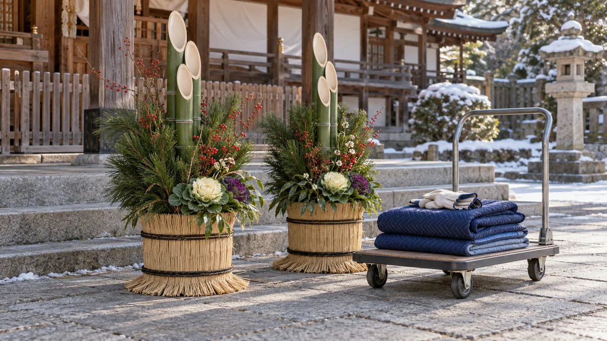 門松一対のそばに台車、養生毛布、手袋を置き、購入とレンタルで残る運搬作業を考える架空の神社の生成イメージ