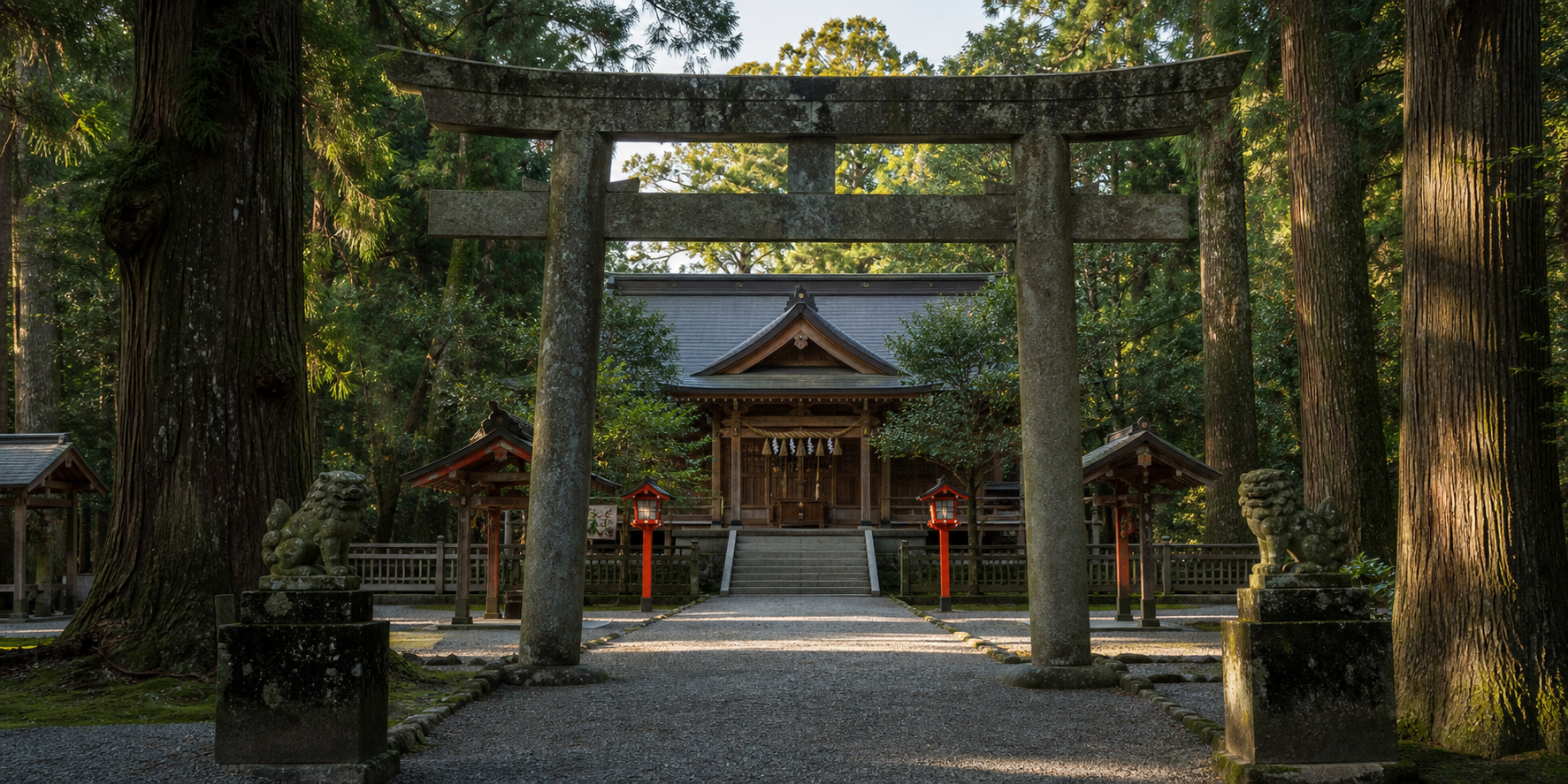 木立に囲まれた神社の参道と石鳥居