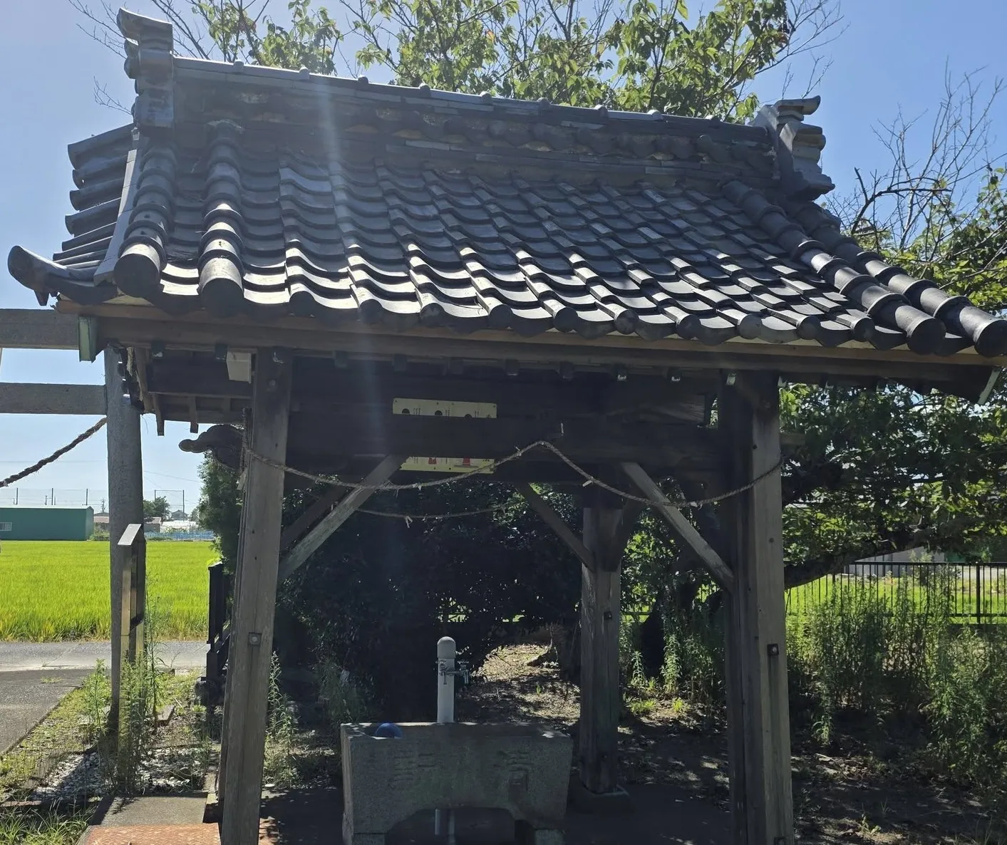 水田に面して建つ手水舎と手水鉢。