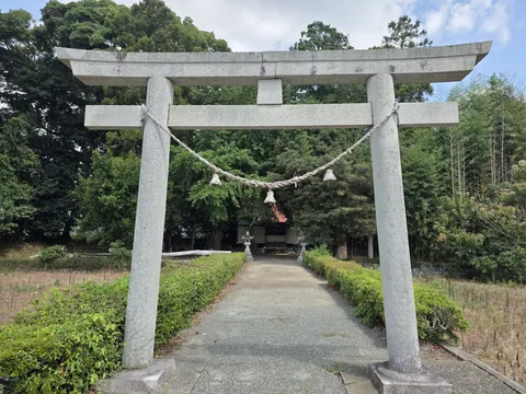 八幡神社：石造鳥居の正面から社殿を望む。