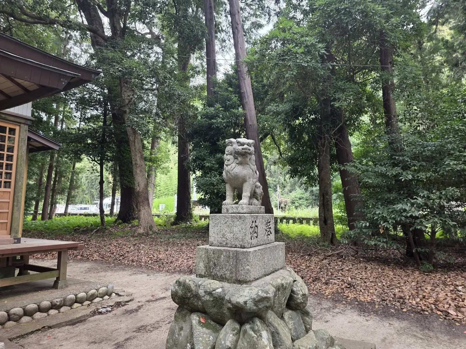 境内の狛犬と社叢。