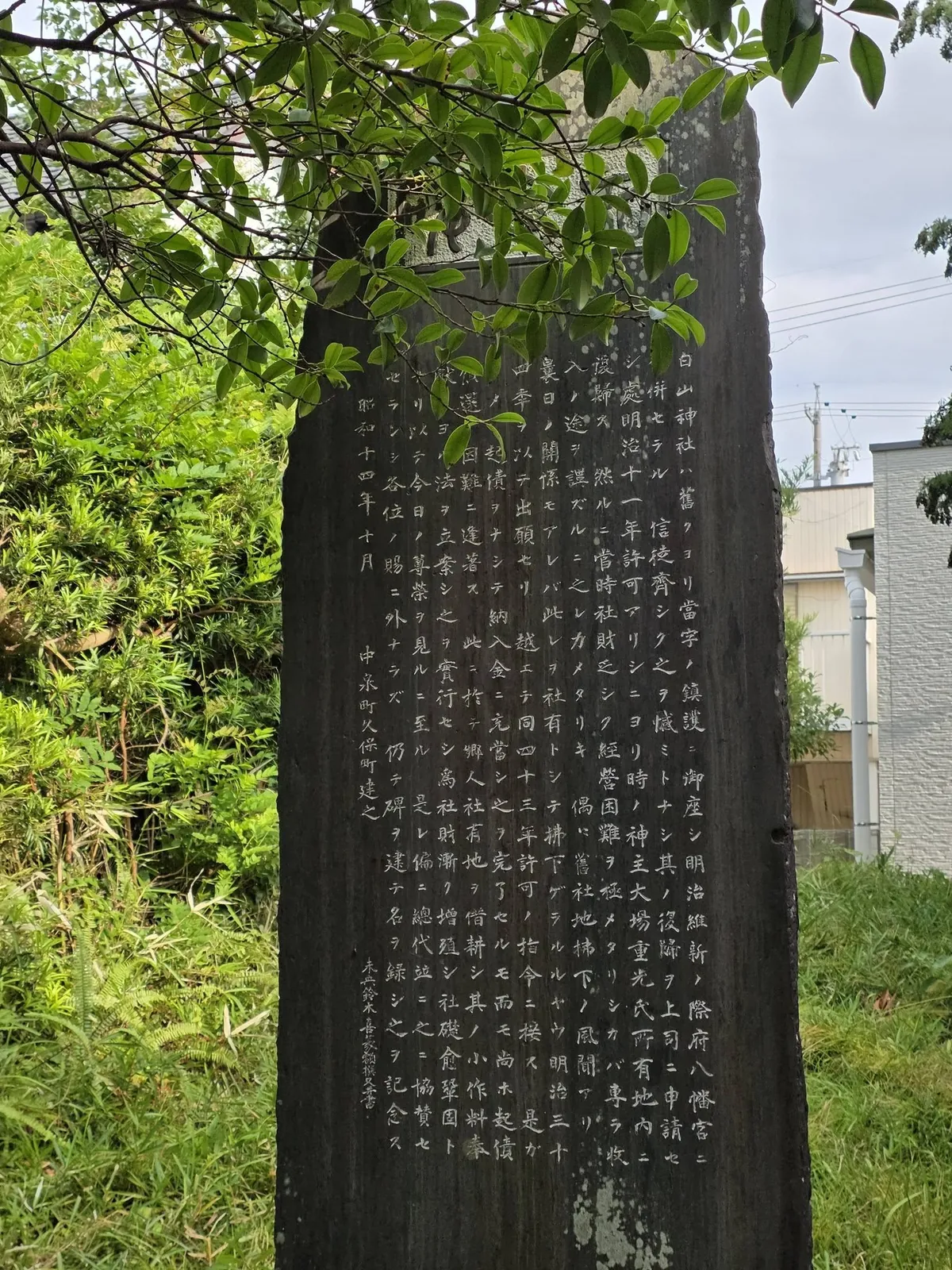 社叢の中に立つ石碑。