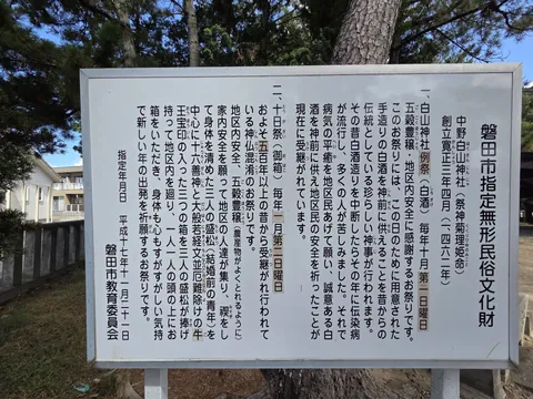 磐田市指定無形民俗文化財「中野白山神社祭典」の解説板。