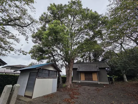 境内から見る社殿。正面に切妻屋根の拝所を設け、右手に小建物が立つ。