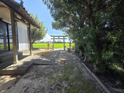 社殿脇から見た参道と鳥居。