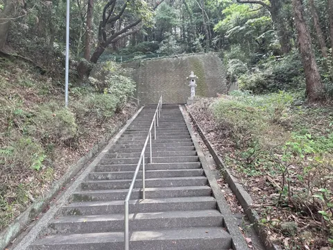 石段の上に立つ石灯籠と社殿へ続く参道。