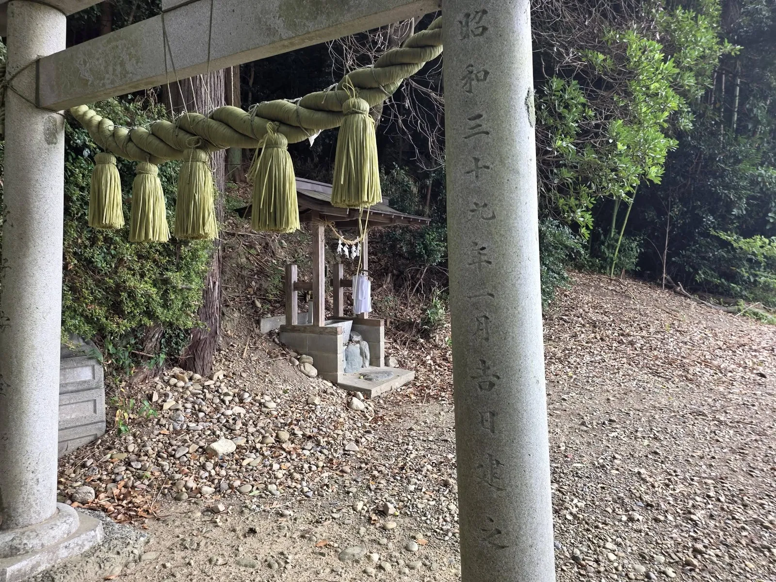 注連縄を掛けた石造鳥居と、その奥に鎮座する境内社。