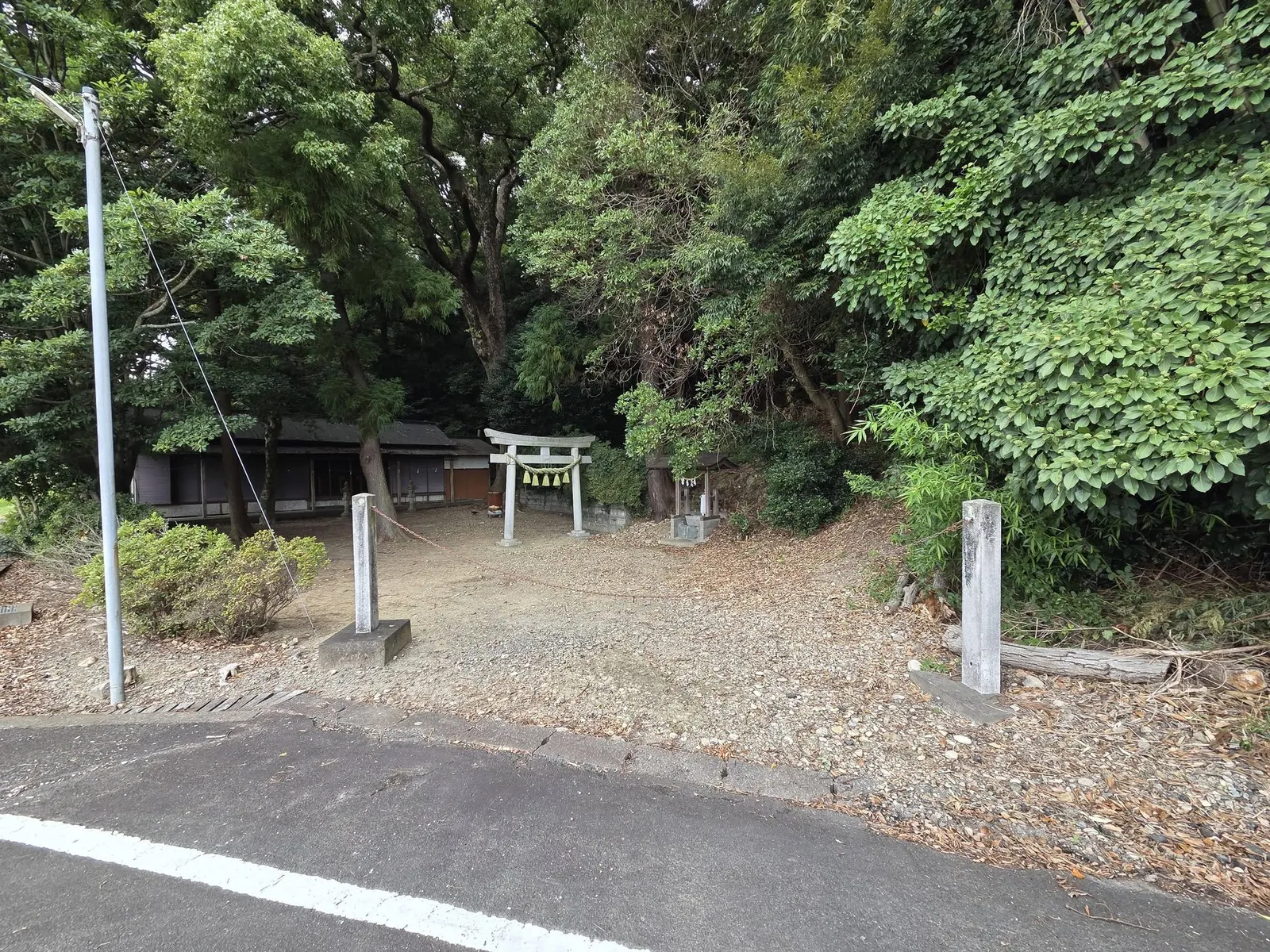 道路側から見た境内入口。社叢の奥に鳥居と社殿が見える。