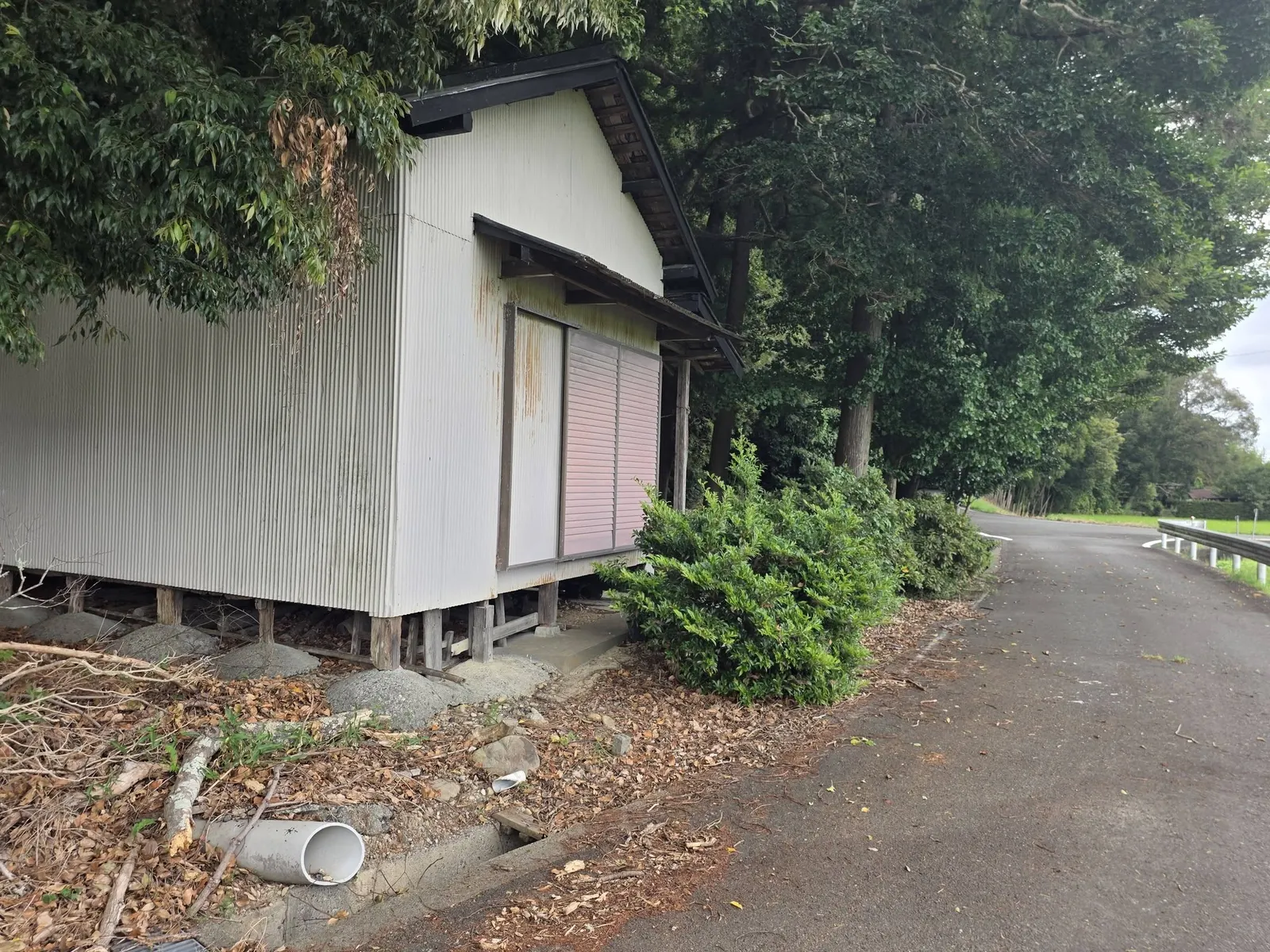 境内脇の建物と、社前を通る道。