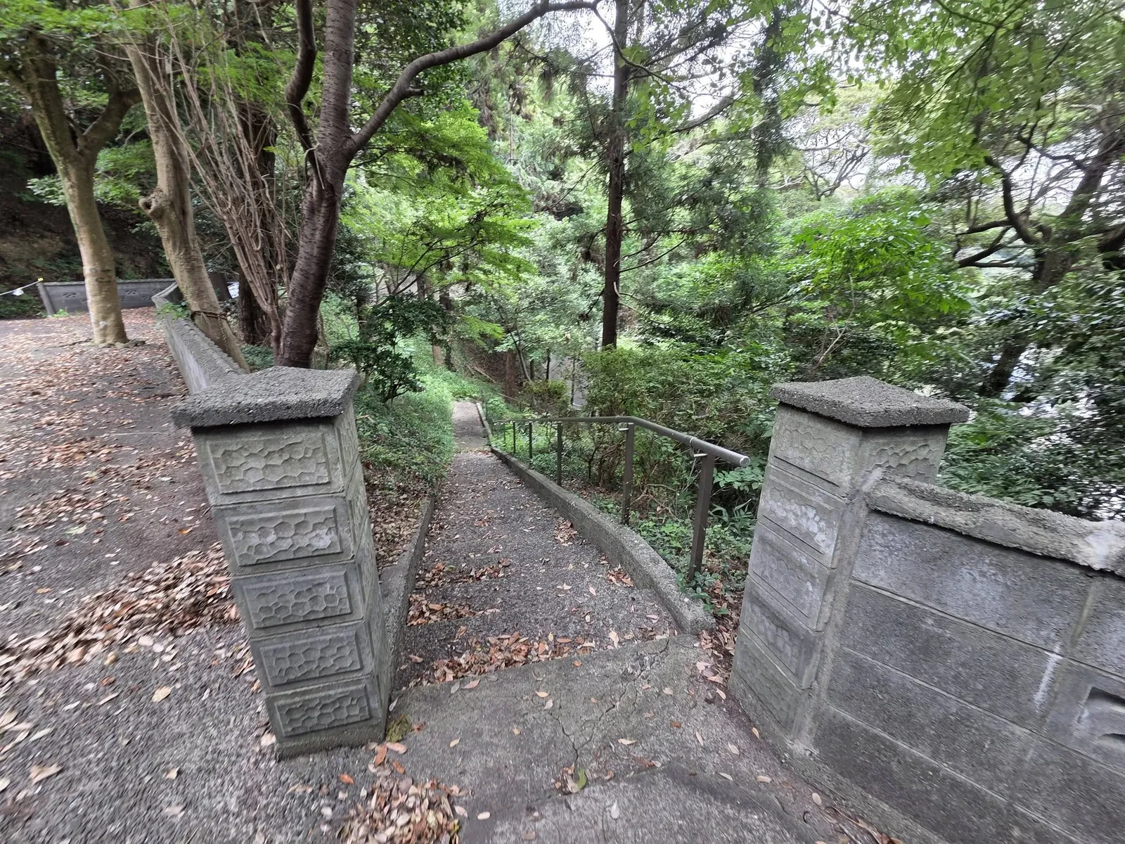 石柱の間から境内へ下る参道。