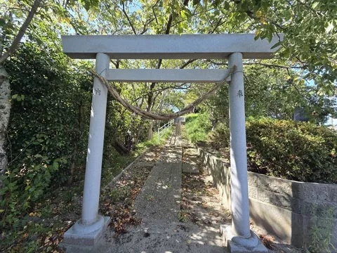 正面から見た石造鳥居と社殿へ続く参道。