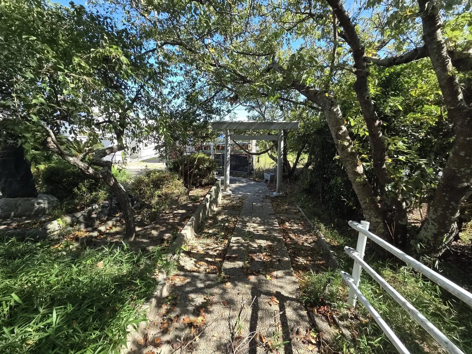 社殿側から石造鳥居へ下る参道。