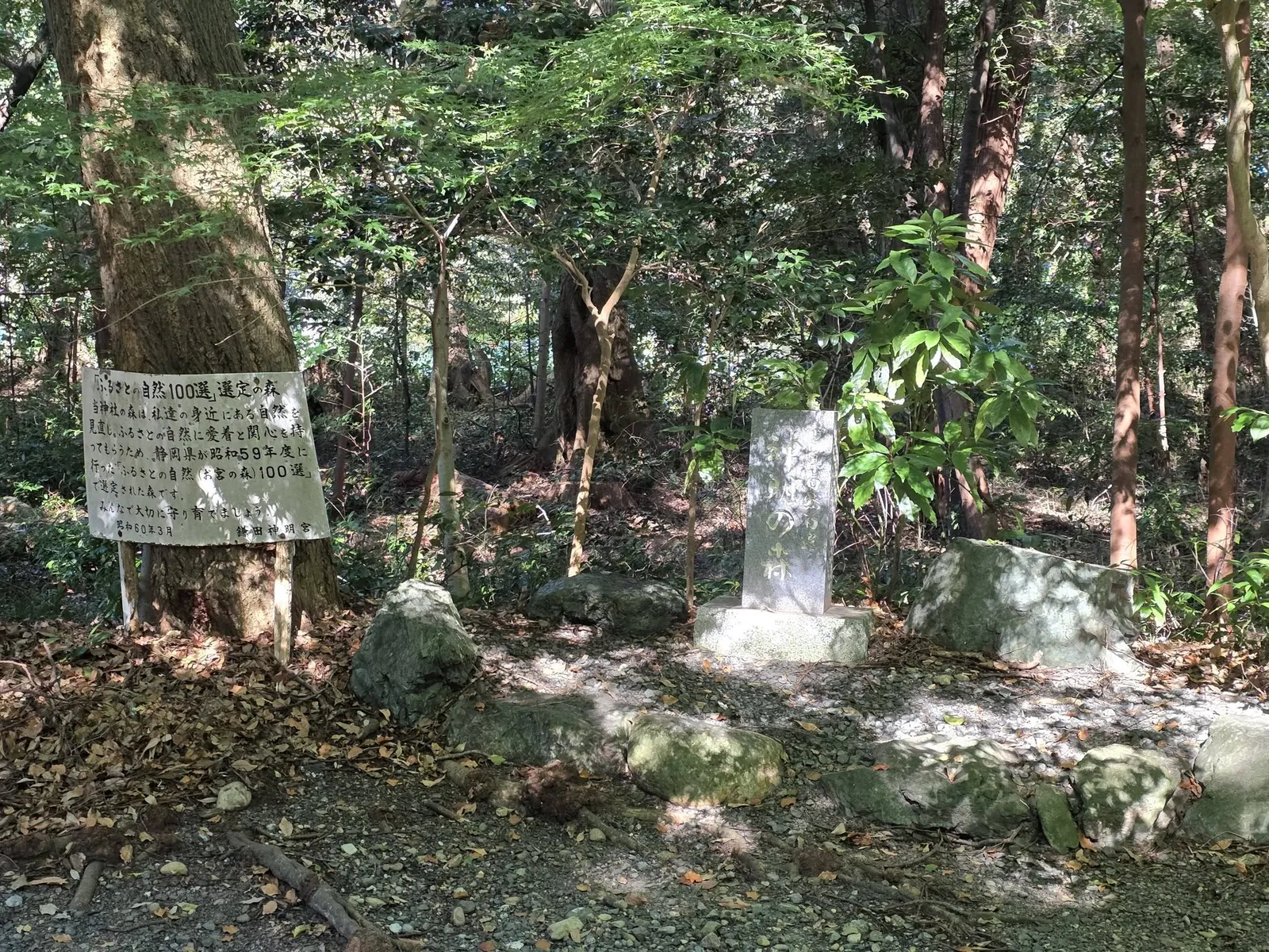 社叢内の石碑と案内板。