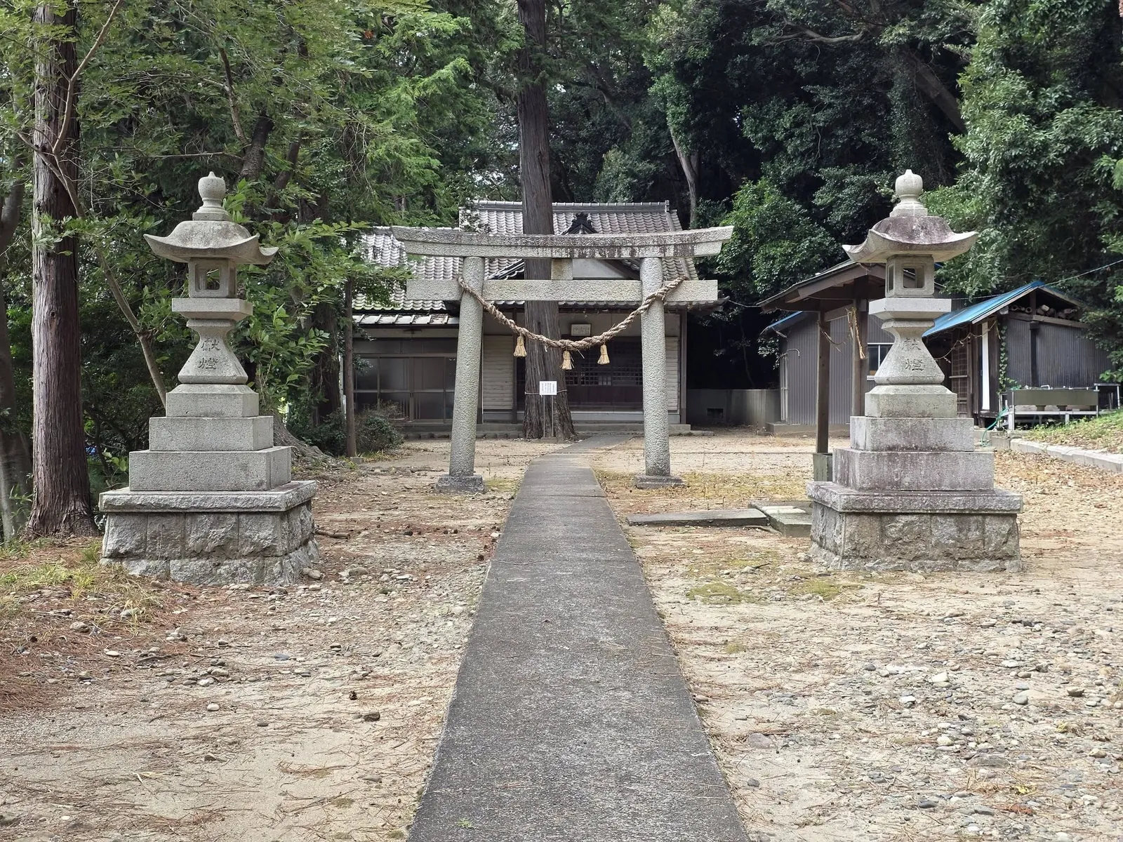 石灯籠の間から見た石造鳥居と社殿。