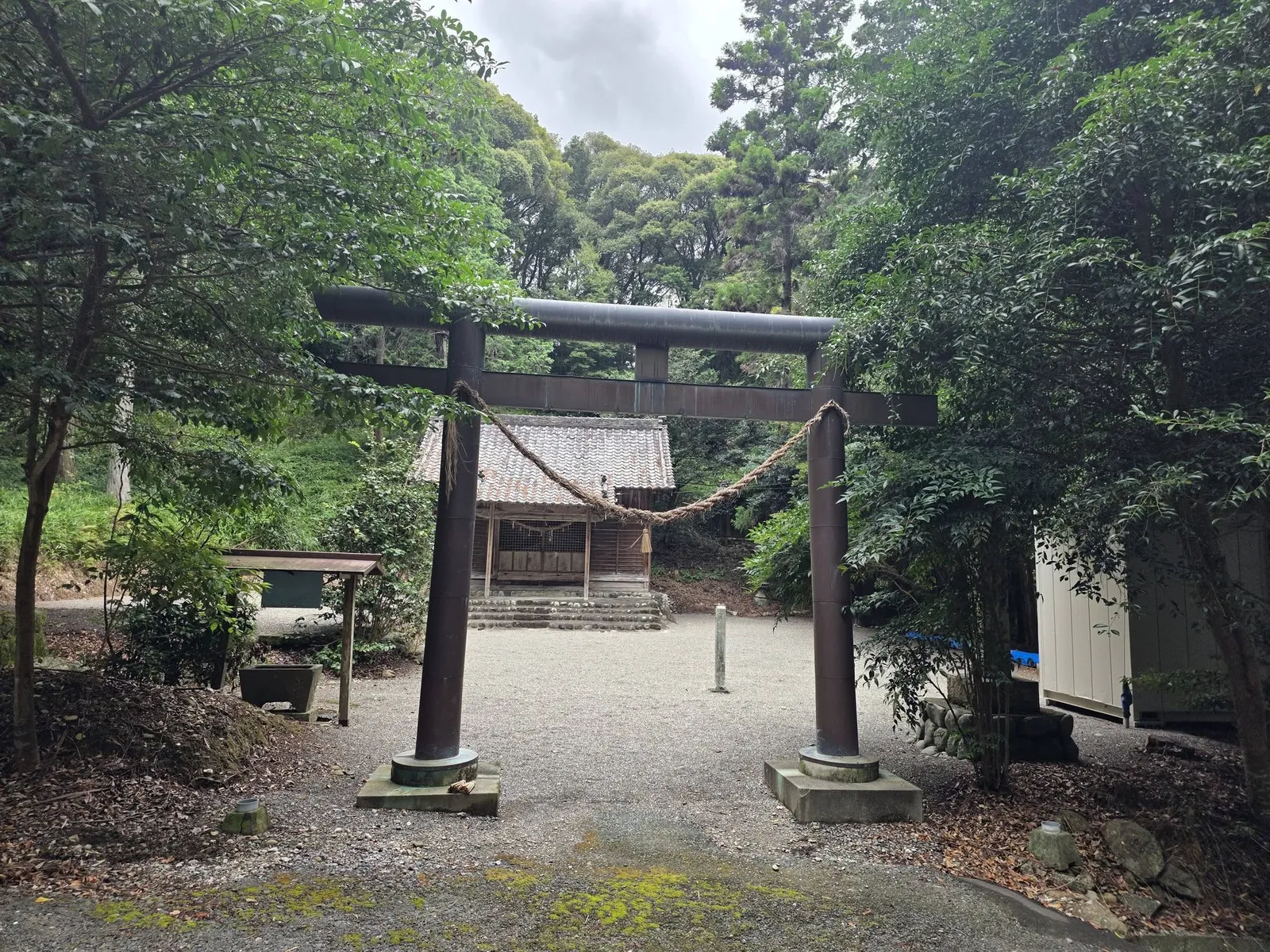 境内上段から見る鳥居と社殿。鳥居をくぐった先の広場に社殿が立つ。