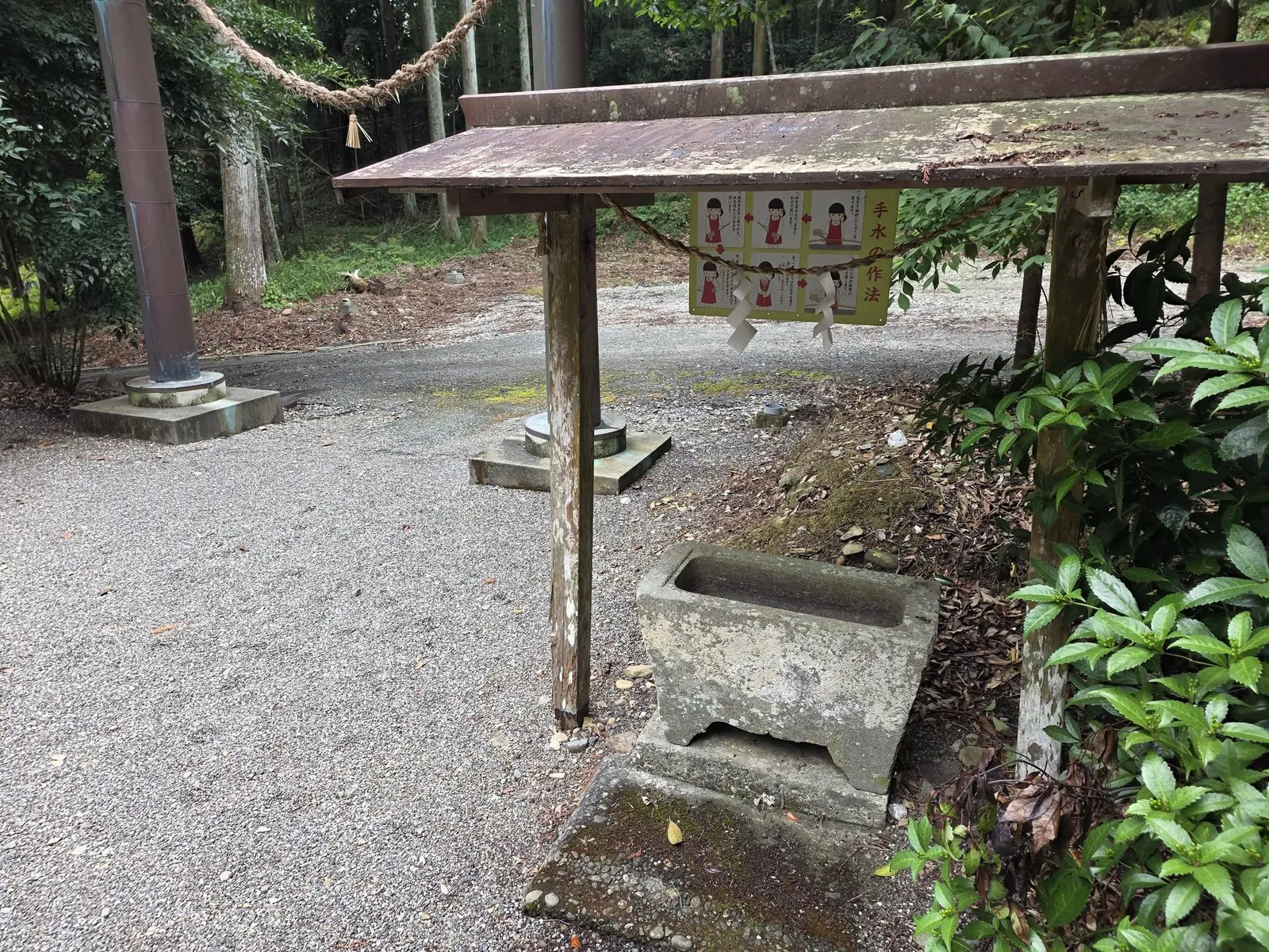 境内の手水舎と石造手水鉢。背後に掲示板を設ける。
