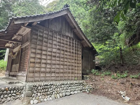社殿側面。板張りの外壁と玉石積みの基壇を記録する。
