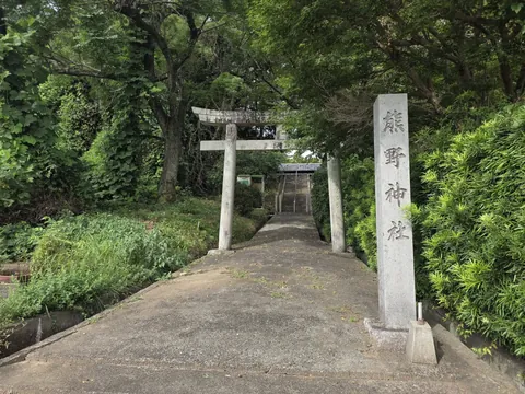 熊野神社：境内入口の石造鳥居と社号標。長い参道が社叢の奥へ続く。