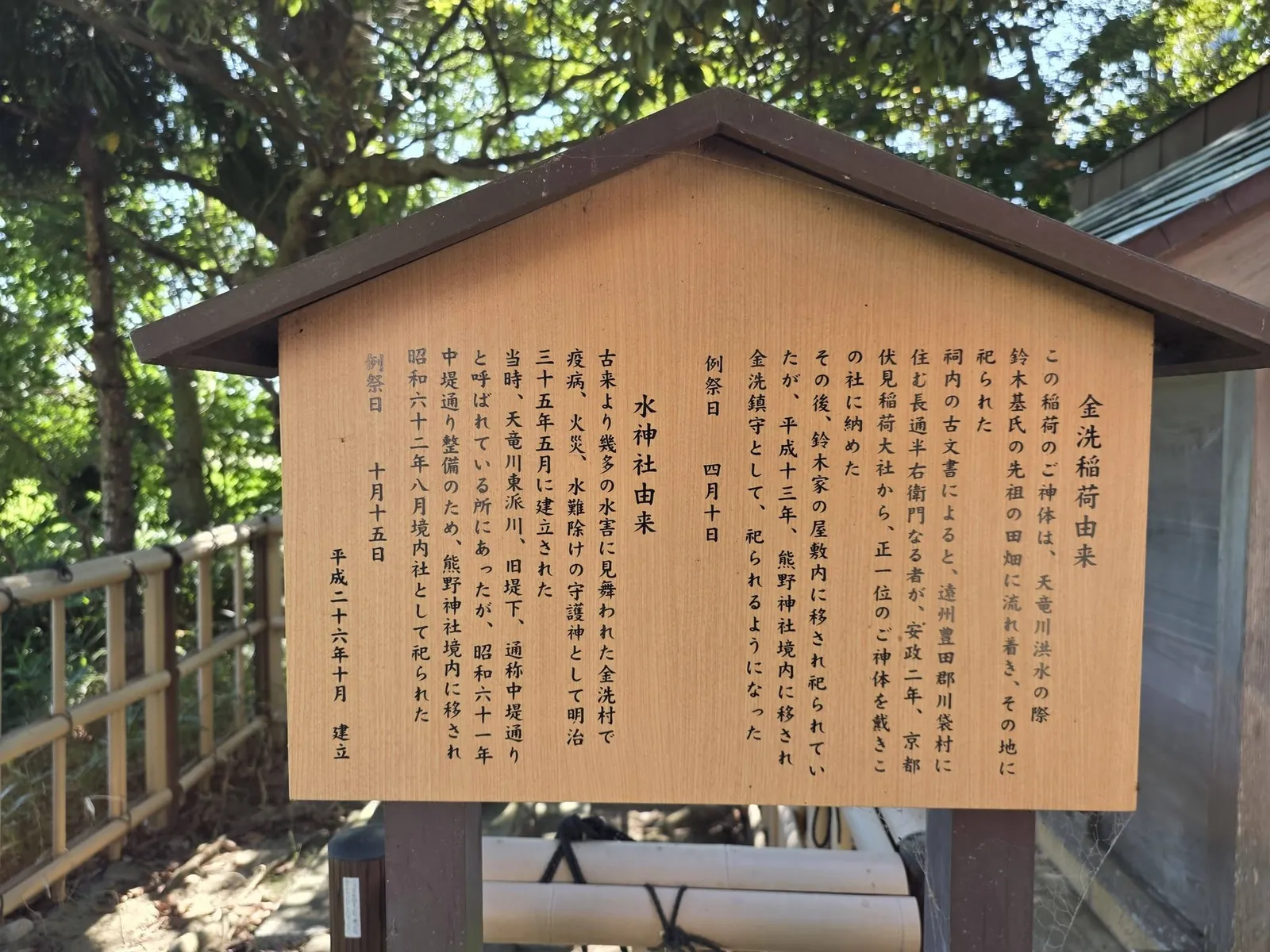 金洗信仰と水の由来を記した解説板。