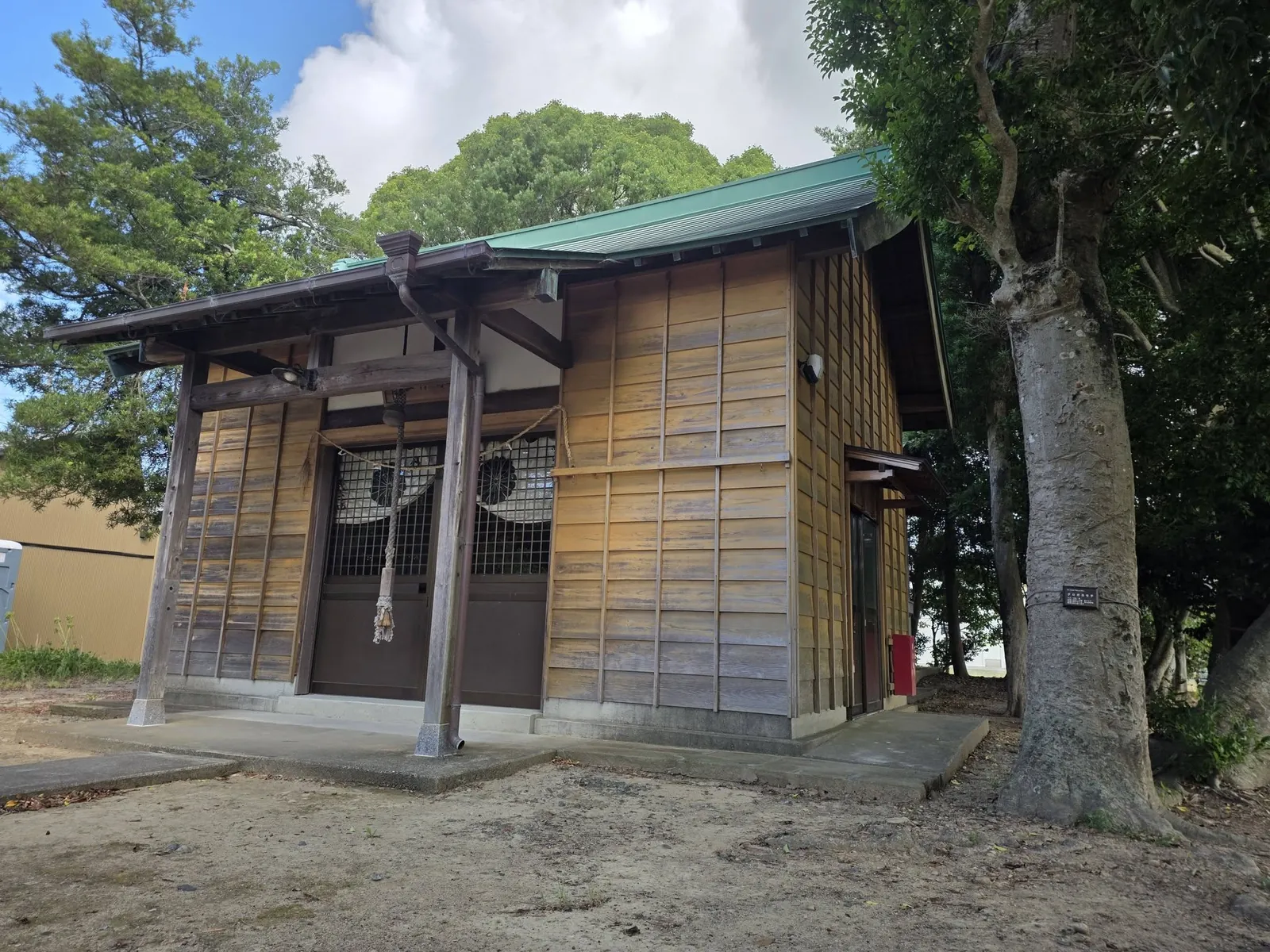 大木の傍らに建つ三嶋神社の社殿を側方から見る。