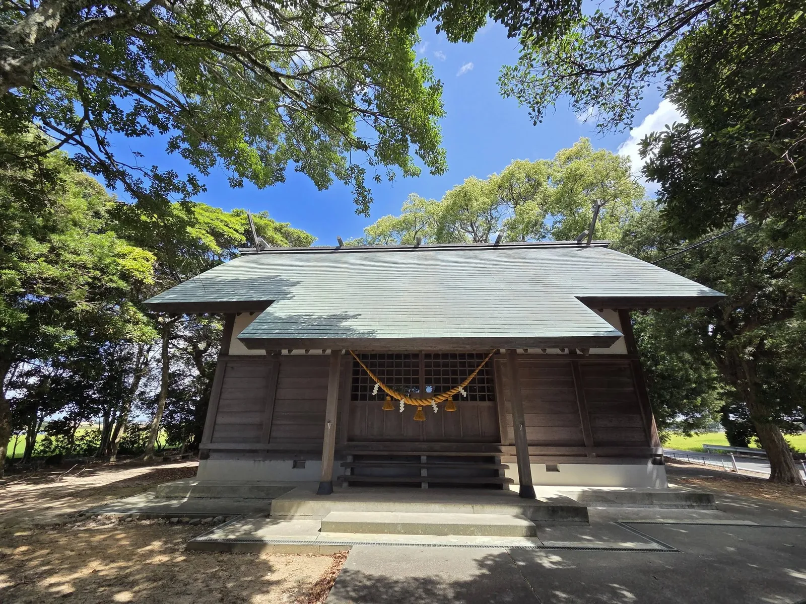 社叢に囲まれた藻山神社の社殿正面。