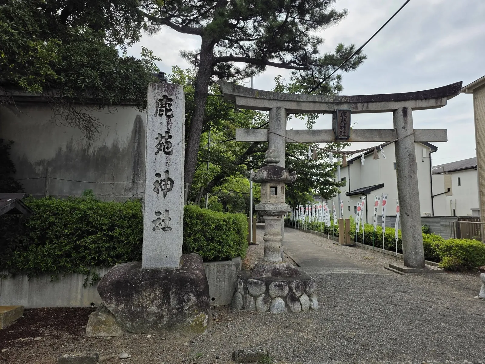 社号標と石造鳥居、参道の全景。