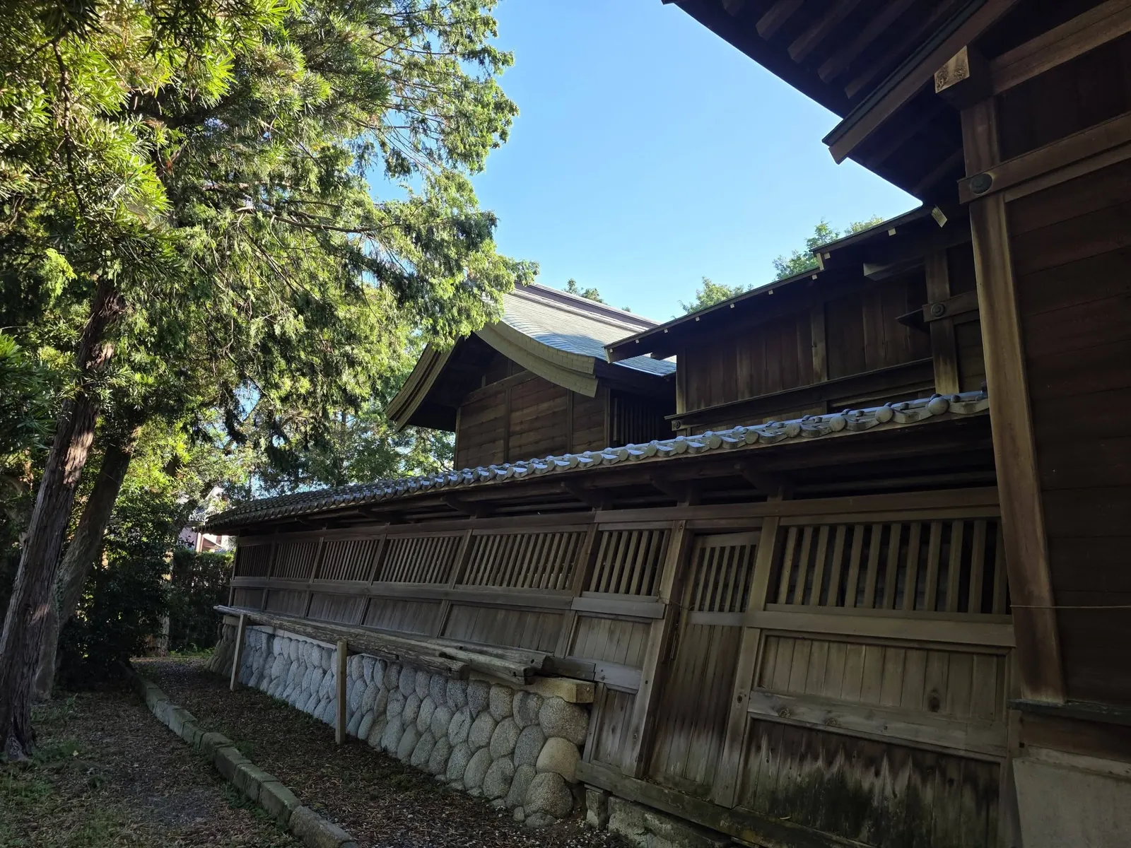 社殿を側面から見る。拝殿の奥に幣殿・本殿が続く。