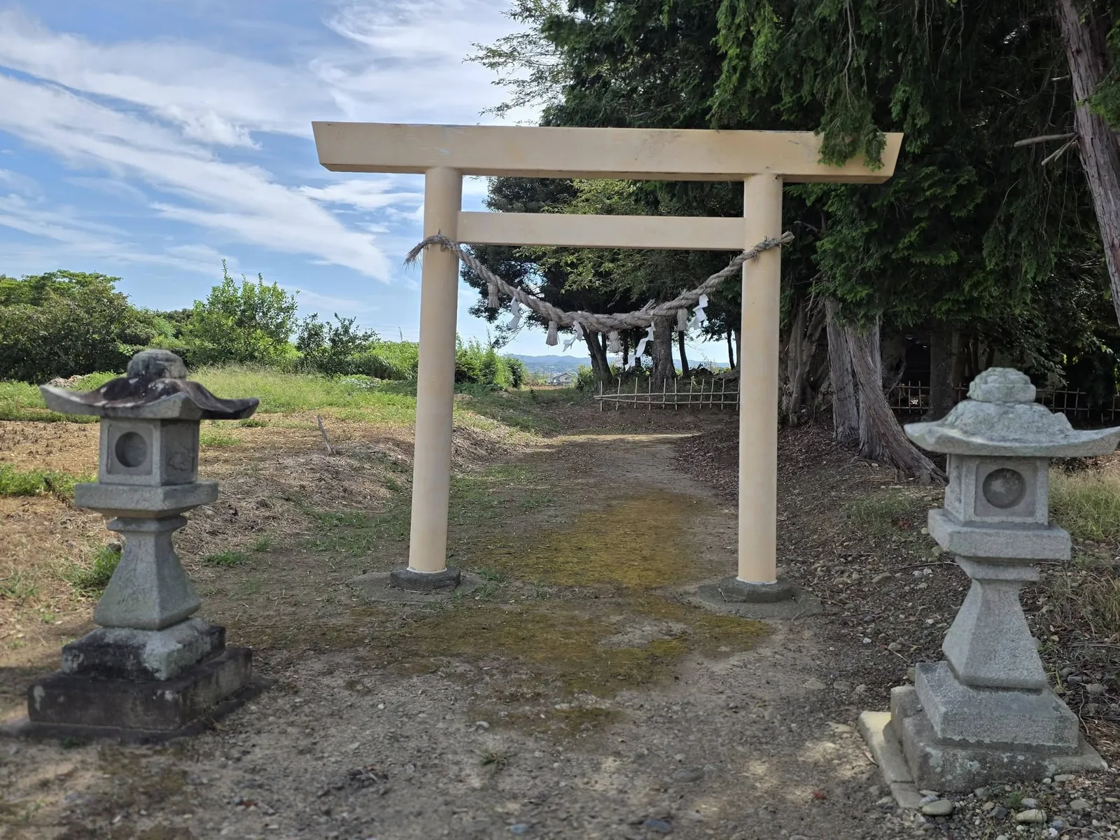 参道入口に立つ鳥居。柱の間にしめ縄と紙垂が渡され、両脇に一対の石灯籠が置かれている。