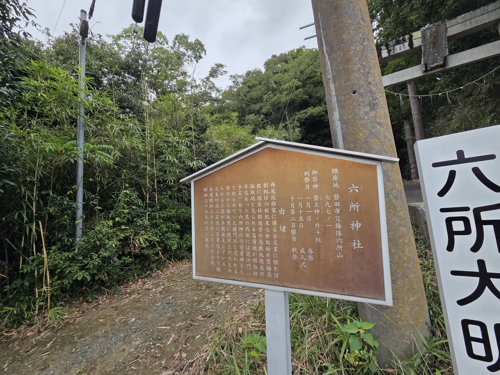 境内入口の由緒案内板。六所神社の鎮座地・祭神・由緒を記す。