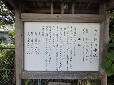 「大立野水神社」の由緒を記した掲示板。祭神・例大祭・再建の歴史が記されている。