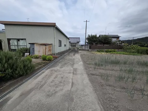 集落から水神社へ続く道と周辺の田園。