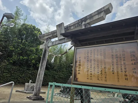 鳥居脇に掲げられた諏訪神社の由緒板。