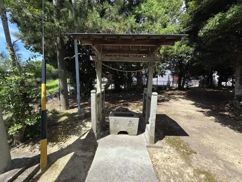 切妻屋根の手水舎正面。中央の水盤に「献」「奉」の文字が刻まれている。