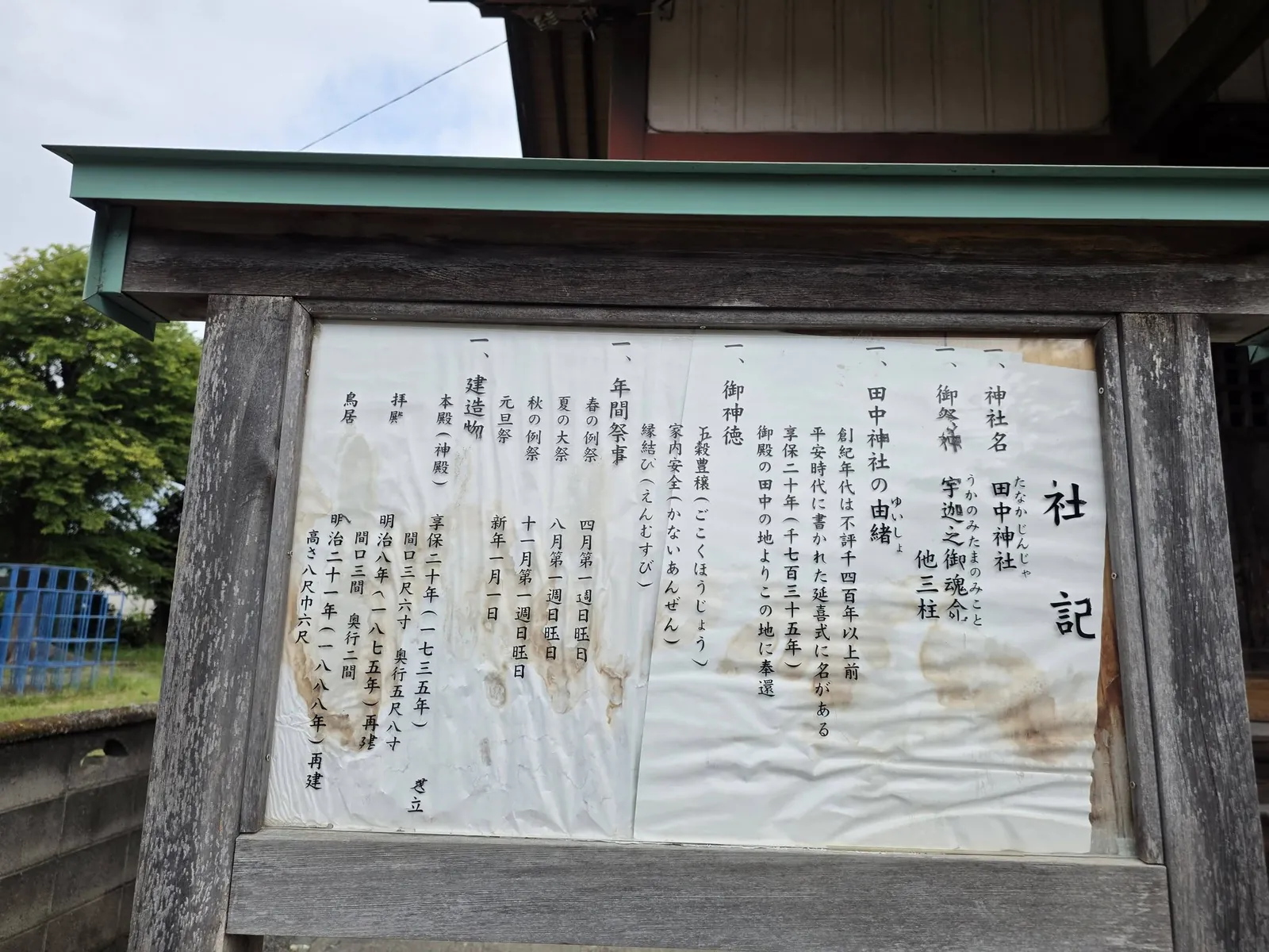 田中神社の由緒を記した境内の掲示板。